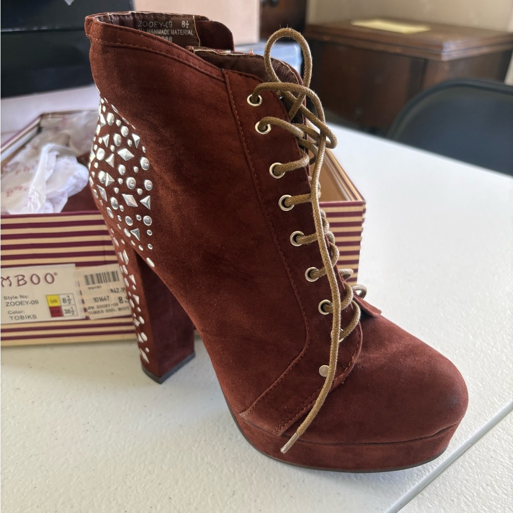 BAMBOO Zooey - Brown Heeled Boots with Chunky Heel and Metal Heel Accents